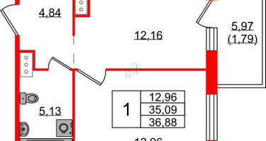 1-к. квартира, 36&nbsp;м²