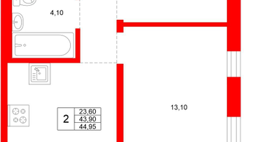2-к. квартира, 44 м²