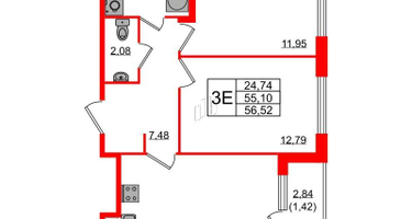 2-к. квартира, 56&nbsp;м²