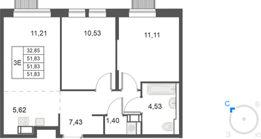 3-к. квартира, 51&nbsp;м²