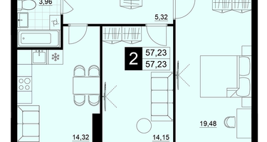 2-к. квартира, 57&nbsp;м²