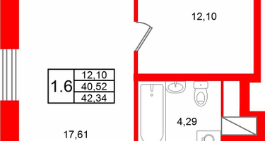 1-к. квартира, 40 м²