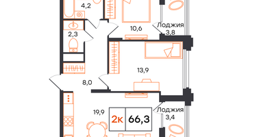 2-к. квартира, 66 м²