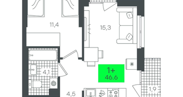 1-к. квартира, 46&nbsp;м²