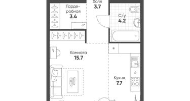 1-к. квартира, 34&nbsp;м²