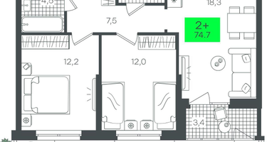 2-к. квартира, 74&nbsp;м²