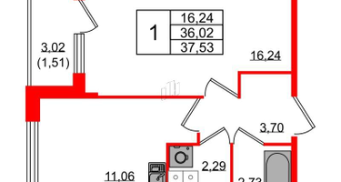 1-к. квартира, 37&nbsp;м²