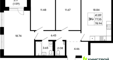 3-к. квартира, 78 м²
