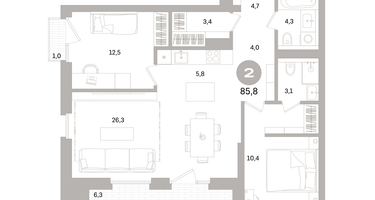 2-к. квартира, 85&nbsp;м²