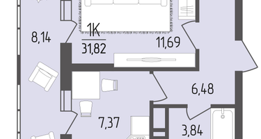 1-к. квартира, 31&nbsp;м²