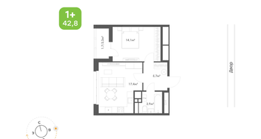 1-к. квартира, 42&nbsp;м²