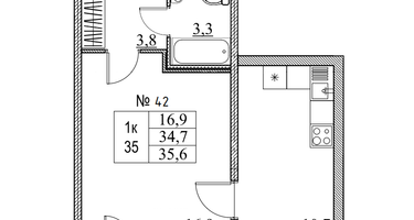 1-к. квартира, 34&nbsp;м²