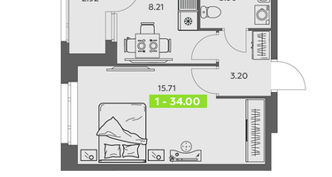 1-к. квартира, 34 м²