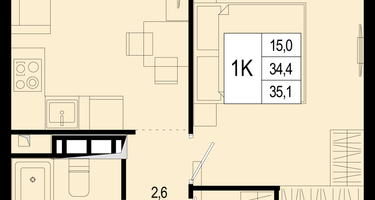 1-к. квартира, 34&nbsp;м²