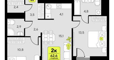 2-к. квартира, 62 м²
