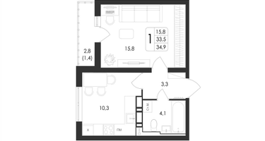 1-к. квартира, 34 м²