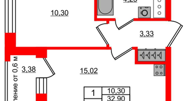 1-к. квартира, 32&nbsp;м²