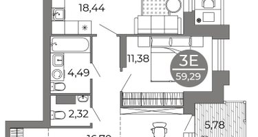 Студия, 59 м²