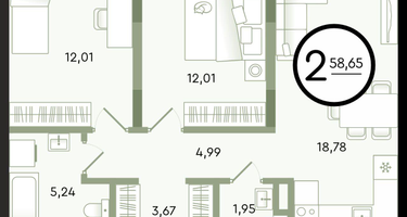 2-к. квартира, 58&nbsp;м²