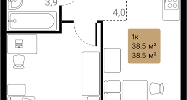 1-к. квартира, 38&nbsp;м²