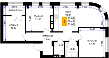 3-к. квартира, 73&nbsp;м²