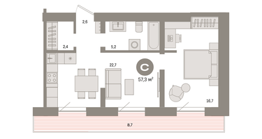 1-к. квартира, 57&nbsp;м²