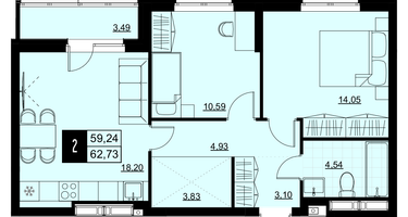 2-к. квартира, 60&nbsp;м²
