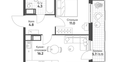 1-к. квартира, 38 м²