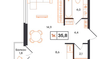 1-к. квартира, 35&nbsp;м²
