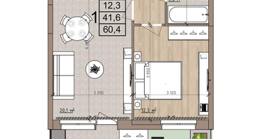 1-к. квартира, 60&nbsp;м²