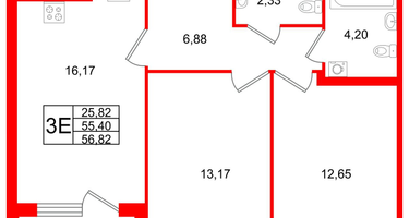 2-к. квартира, 56 м²