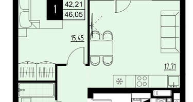 1-к. квартира, 44&nbsp;м²