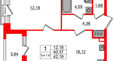 1-к. квартира, 40&nbsp;м²