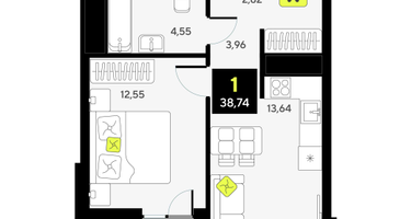 1-к. квартира, 38 м²