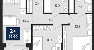2-к. квартира, 54&nbsp;м²