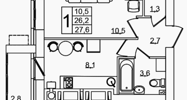 1-к. квартира, 27&nbsp;м²