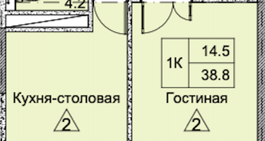 1-к. квартира, 38&nbsp;м²