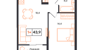 1-к. квартира, 43 м²