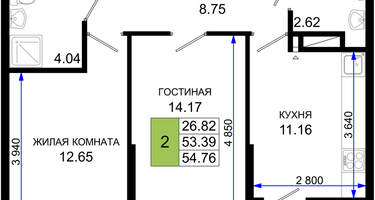 2-к. квартира, 54&nbsp;м²