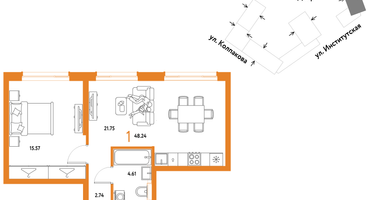 1-к. квартира, 48&nbsp;м²