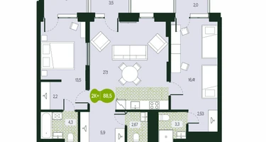 3-к. квартира, 88&nbsp;м²