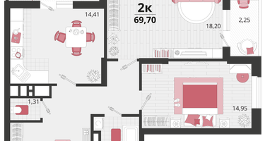 2-к. квартира, 69 м²