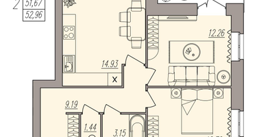 2-к. квартира, 52&nbsp;м²