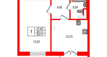 1-к. квартира, 39&nbsp;м²