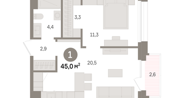 1-к. квартира, 45 м²