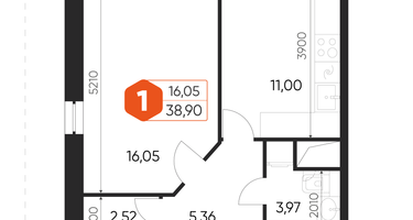 1-к. квартира, 38&nbsp;м²