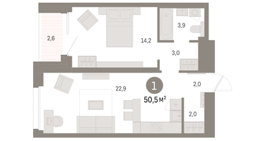 1-к. квартира, 50 м²