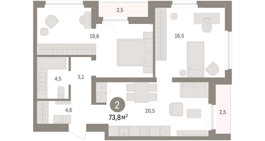 2-к. квартира, 73&nbsp;м²
