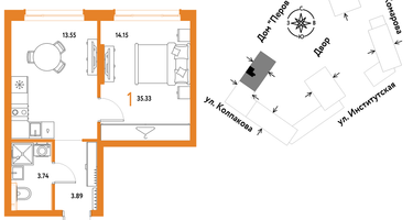 1-к. квартира, 35 м²