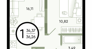 1-к. квартира, 36&nbsp;м²